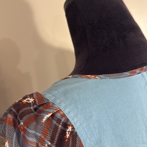DejaVu Boho Plaid Embroidered Tunic Top Blue Brown western Peasant Large - Picture 12 of 13